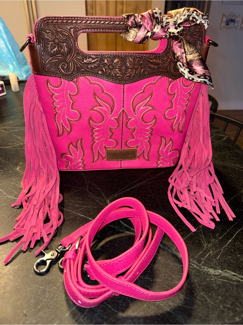Wrangler hot pink conceal carry crossbody fringe tooled leather 11”x2.75”x10.5”